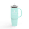 Light blue 40oz insulated travel mug with humorous text, ergonomic handle, and straw lid for keeping drinks hot or cold during daily activities.