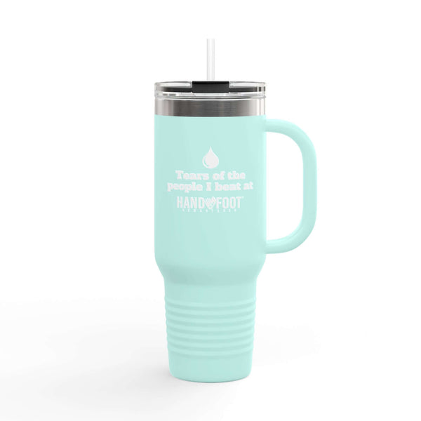 Light blue 40oz insulated travel mug with humorous text, ergonomic handle, and straw lid for keeping drinks hot or cold during daily activities.