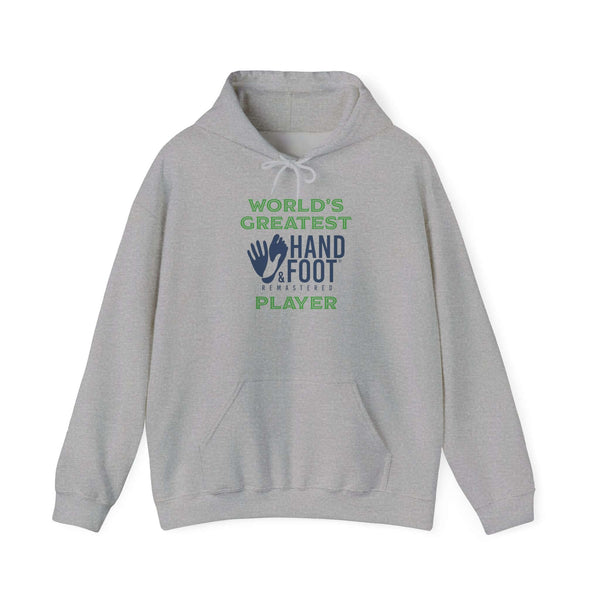 World's Greatest Player hooded sweatshirt with kangaroo pocket and adjustable drawstring in light gray.