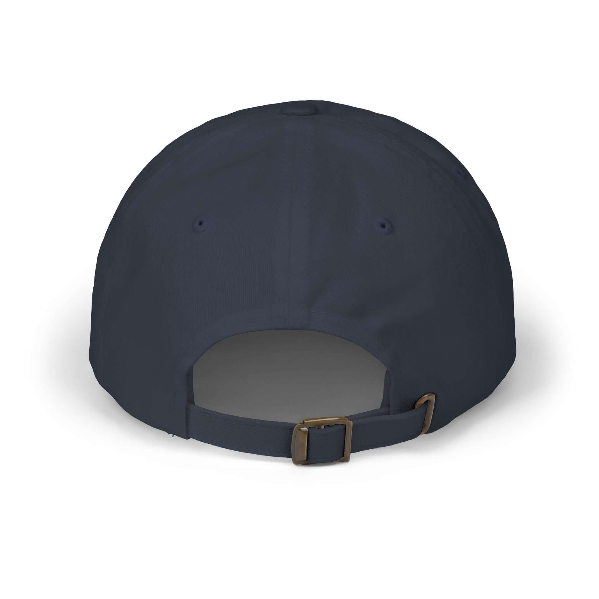 Back view of World's Greatest Player Classic Dad Cap with adjustable strap and unstructured design in navy blue.