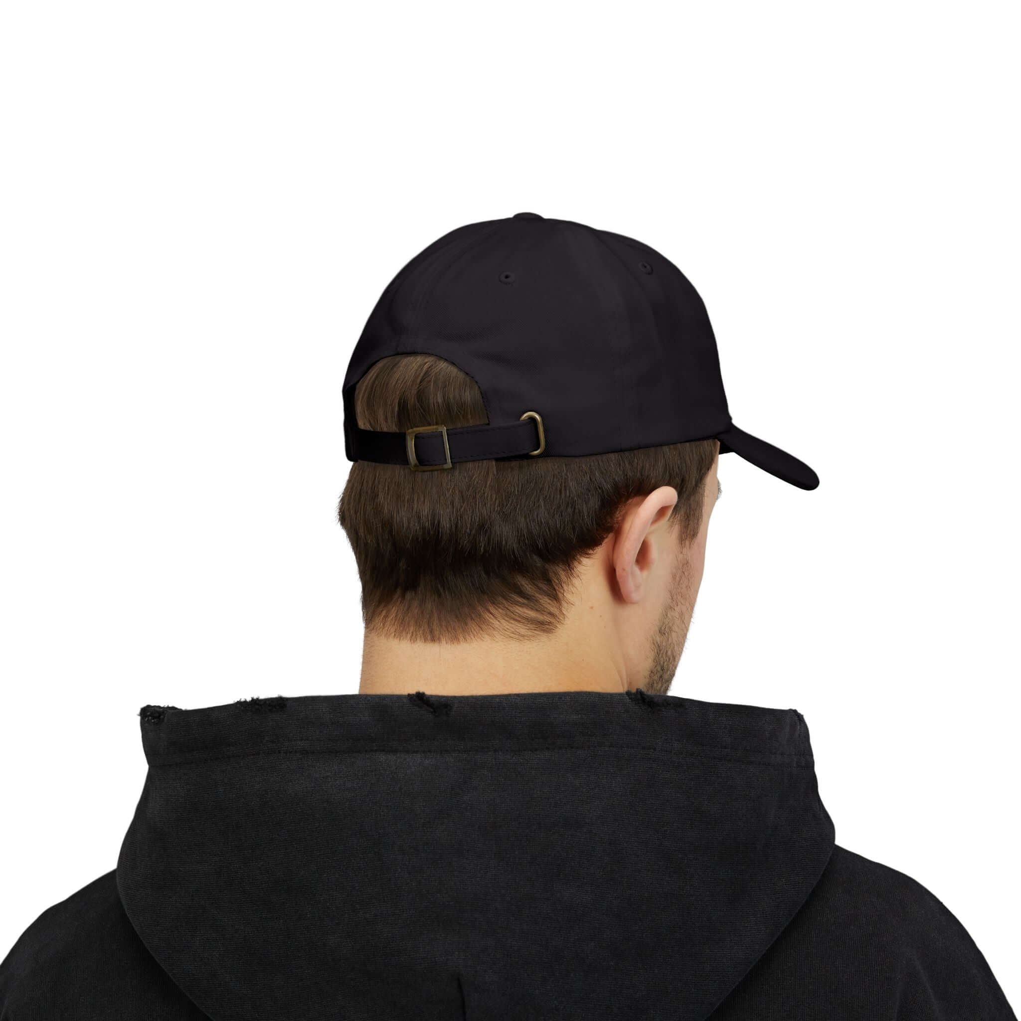 Back view of a person wearing a black Classic Dad Cap, showcasing casual style and adjustable strap.