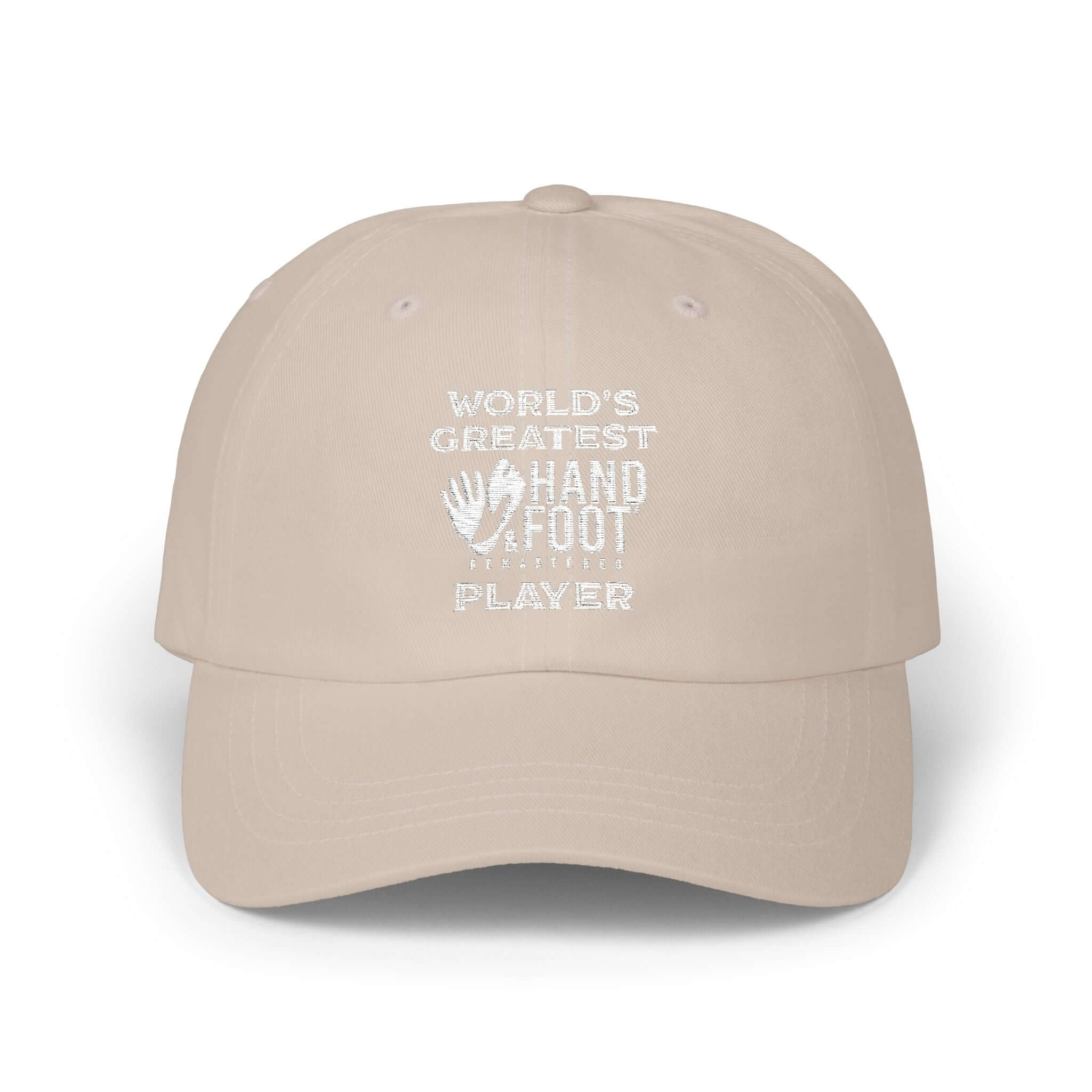World's Greatest Player Classic Dad Cap in beige with white embroidery, unstructured low profile, perfect for casual and stylish everyday wear.