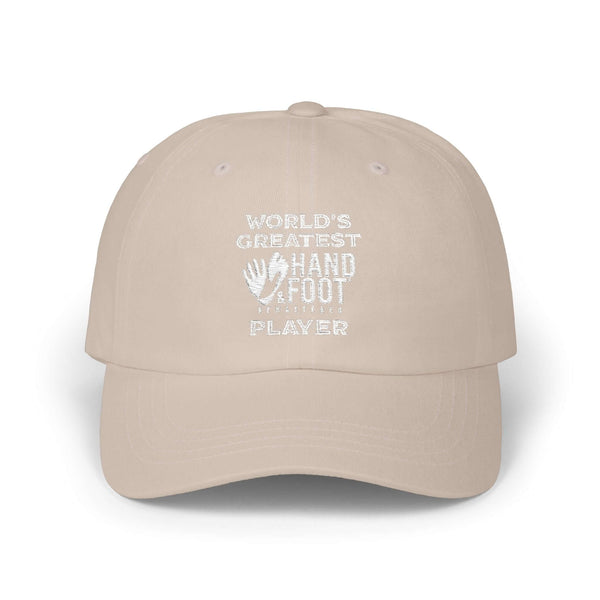 World's Greatest Player Classic Dad Cap in beige with white embroidery, unstructured low profile, perfect for casual and stylish everyday wear.