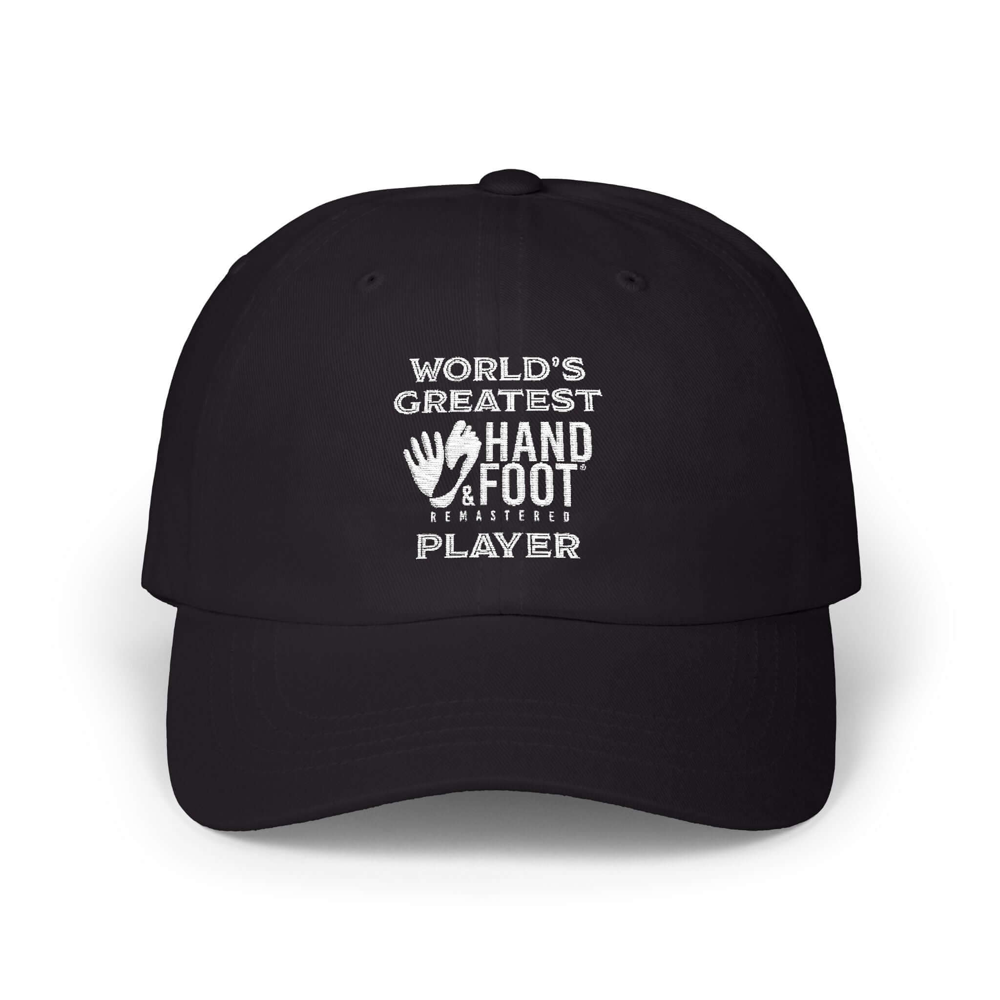 World's Greatest Player Classic Dad Cap with hand and foot graphic, black, casual style, relaxed fit, and low profile.