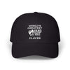 World's Greatest Player Classic Dad Cap with hand and foot graphic, black, casual style, relaxed fit, and low profile.