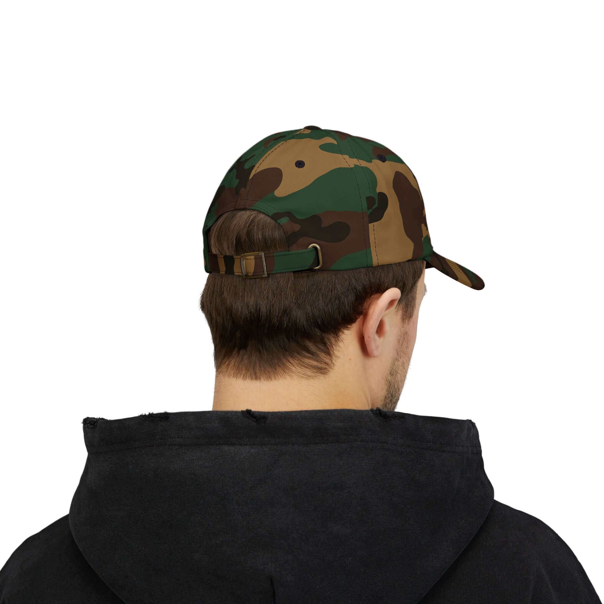 Back view of man wearing a camo-pattern classic dad cap, showcasing the relaxed fit and adjustable strap for casual style.