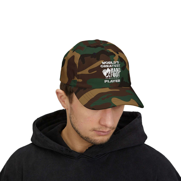 Camouflage World's Greatest Player Classic Dad Cap worn by a man in a black hoodie, showcasing comfort and casual style.
