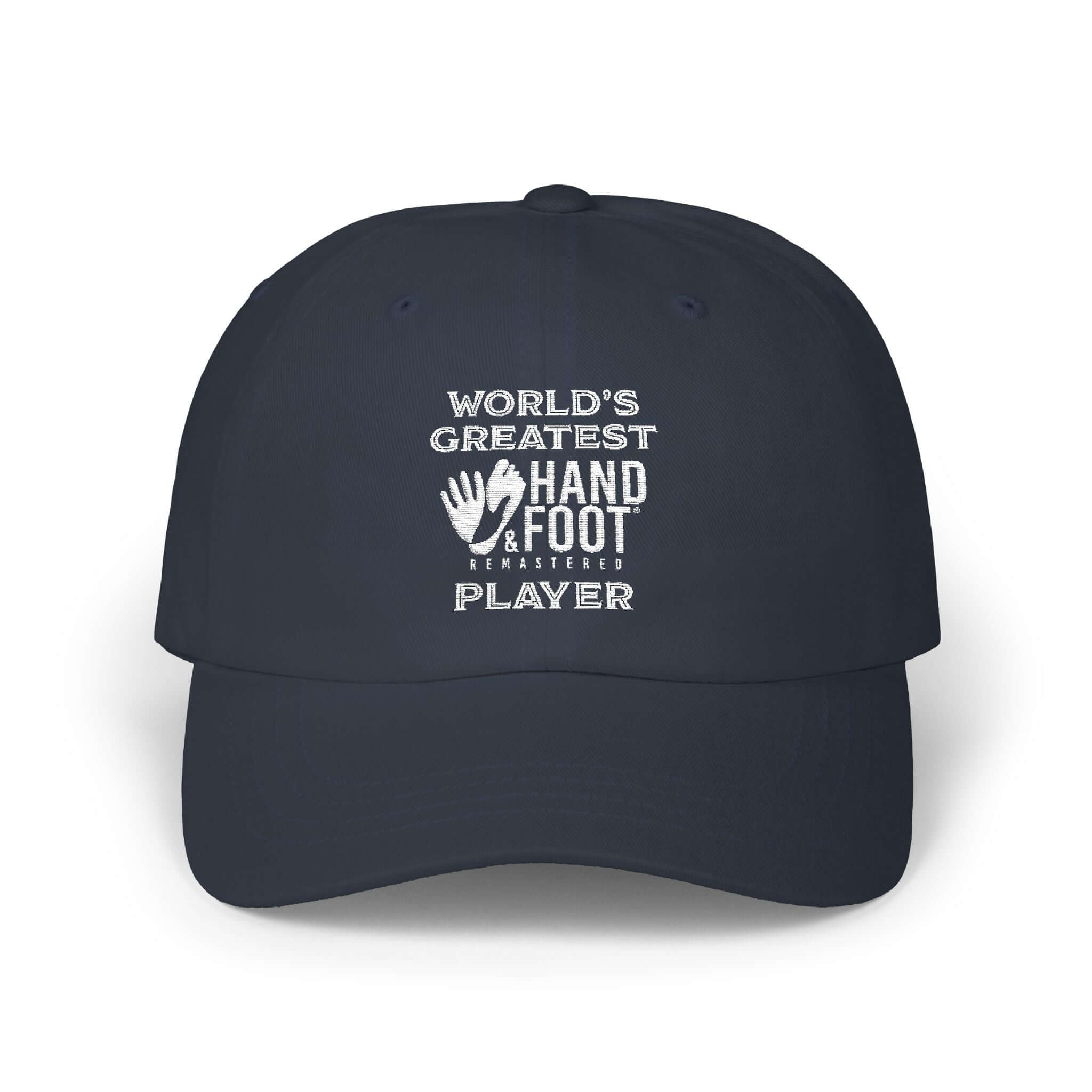 Navy blue classic dad cap with 'World's Greatest Hand & Foot Player' embroidery on the front.