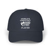 Navy blue classic dad cap with 'World's Greatest Hand & Foot Player' embroidery on the front.