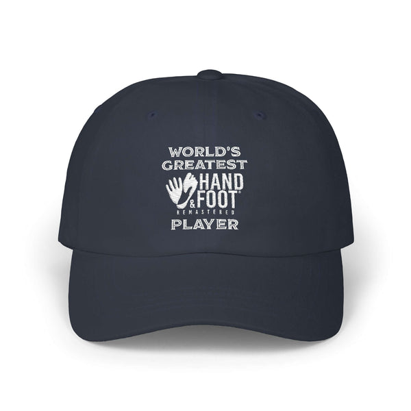 Navy blue classic dad cap with 'World's Greatest Hand & Foot Player' embroidery on the front.