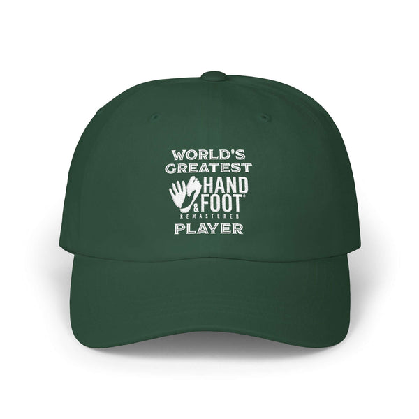 Green dad cap with 'World's Greatest Hand & Foot Player' text, perfect for casual style and comfort.