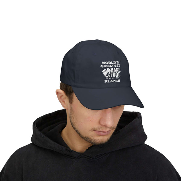 Man wearing a World's Greatest Player Classic Dad Cap in black, showcasing casual style and relaxed fit for everyday wear.