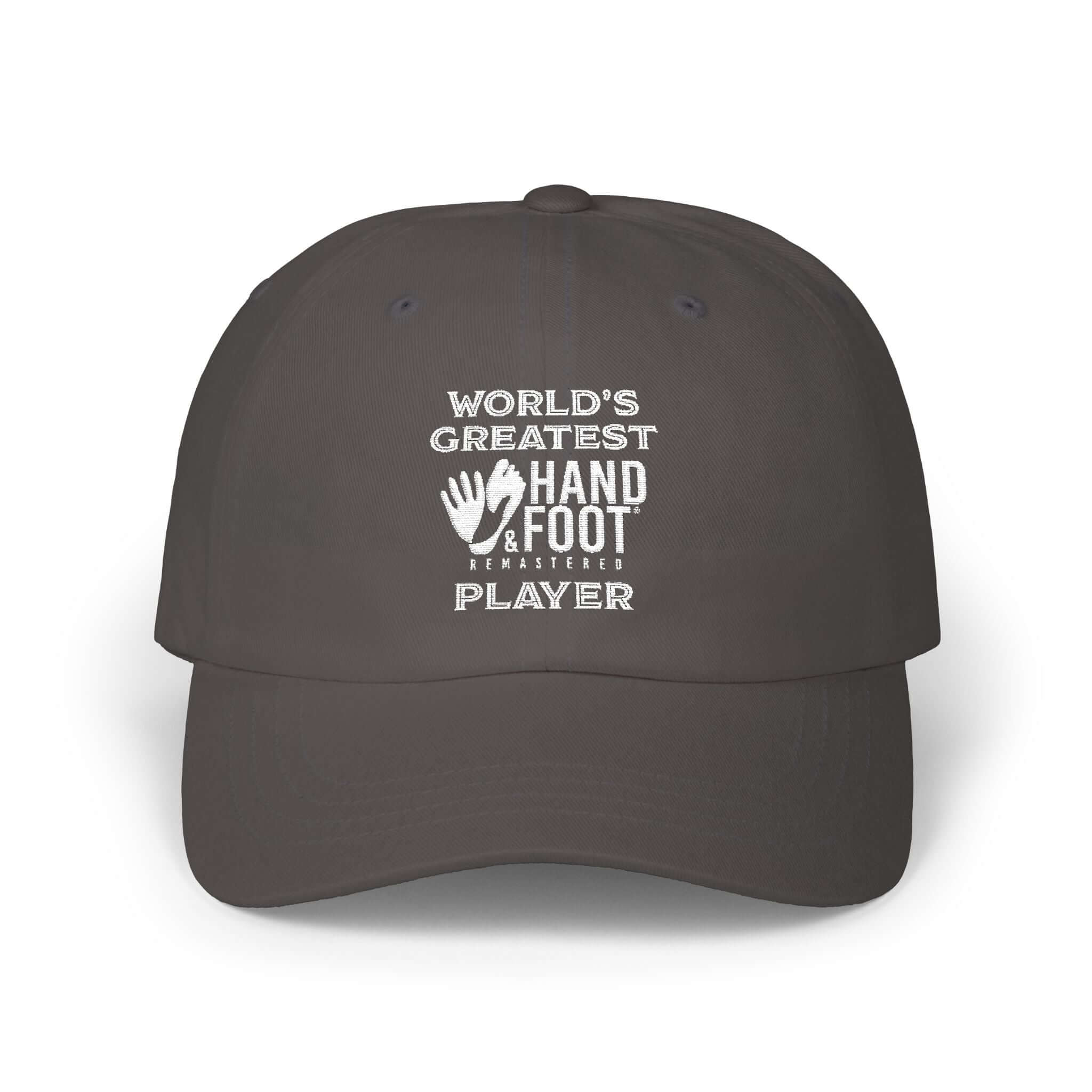 alt_tag: Classic Dad Cap with 'World's Greatest Hand & Foot Player' design, unstructured body, low profile, ideal for casual style.