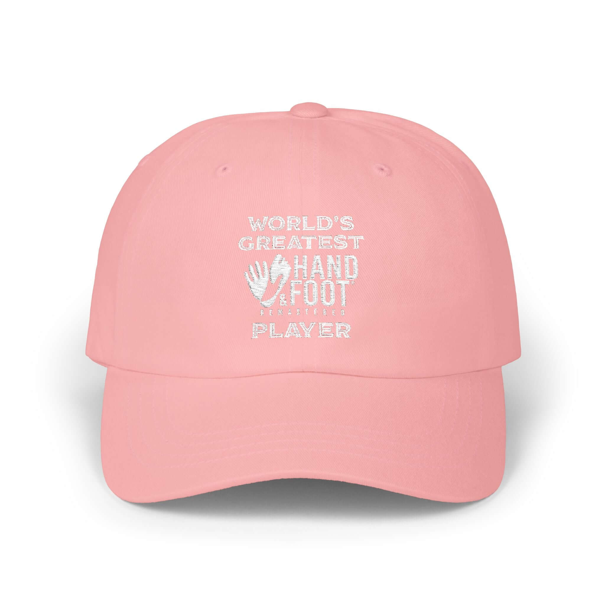 Pink dad cap with 'World's Greatest Hand Foot Player' embroidery, casual and stylish with a relaxed fit.