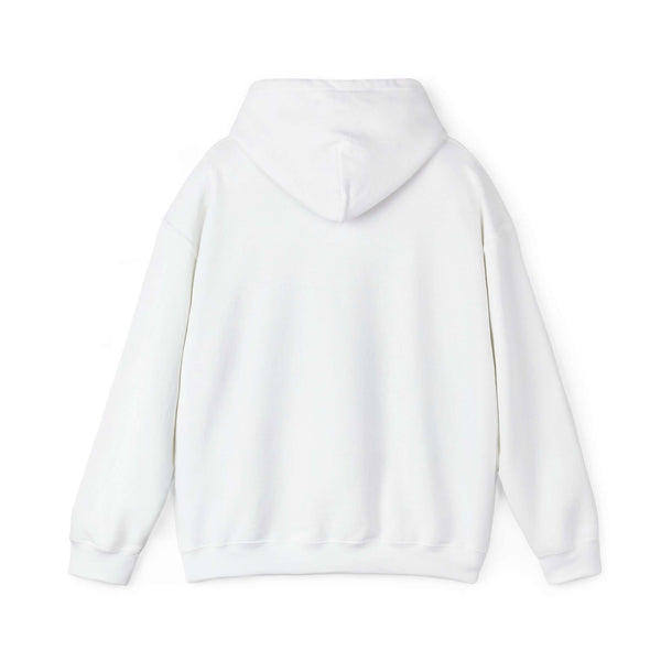 Back view of a white World's Greatest Player Hooded Sweatshirt with kangaroo pouch and adjustable hood.