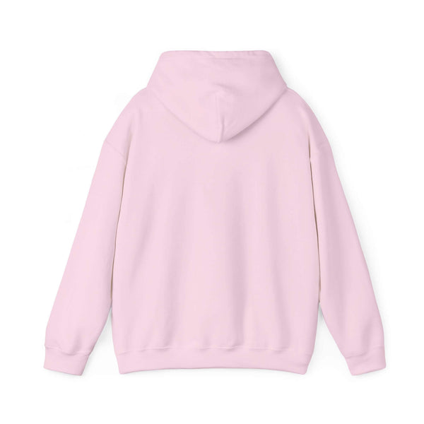 Back view of a pink World's Greatest Player Hooded Sweatshirt with hood and sleeves spread wide.
