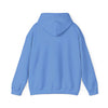Back view of light blue hooded sweatshirt, showcasing classic design, cozy fabric, and adjustable drawstring for comfortable wear.