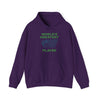 World's Greatest Player hooded sweatshirt in purple with front pocket and bold green text design.