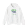 White hoodie with "World's Greatest Hand and Foot Player" text, featuring a kangaroo pouch pocket and drawstring hood for comfort.