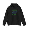 Black hooded sweatshirt with 'World's Greatest Hand and Foot Player' graphic and kangaroo pocket.