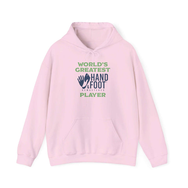Pink hooded sweatshirt with 'World's Greatest Hand & Foot Player' graphic, featuring kangaroo pocket and adjustable drawstring hood.