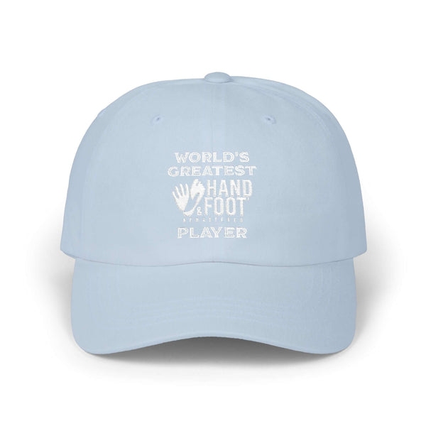 Light blue dad cap with 'World's Greatest Hand & Foot Player' embroidery, casual unstructured design perfect for everyday style.