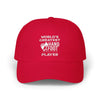 Red dad cap with 'World's Greatest Hand & Foot Player' text design, ideal for casual style and everyday comfort.
