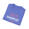 Folded blue softstyle T-shirt with "Hand & Foot Remastered" text, perfect Mother's Day gift, 100% ring-spun cotton, unisex comfort.