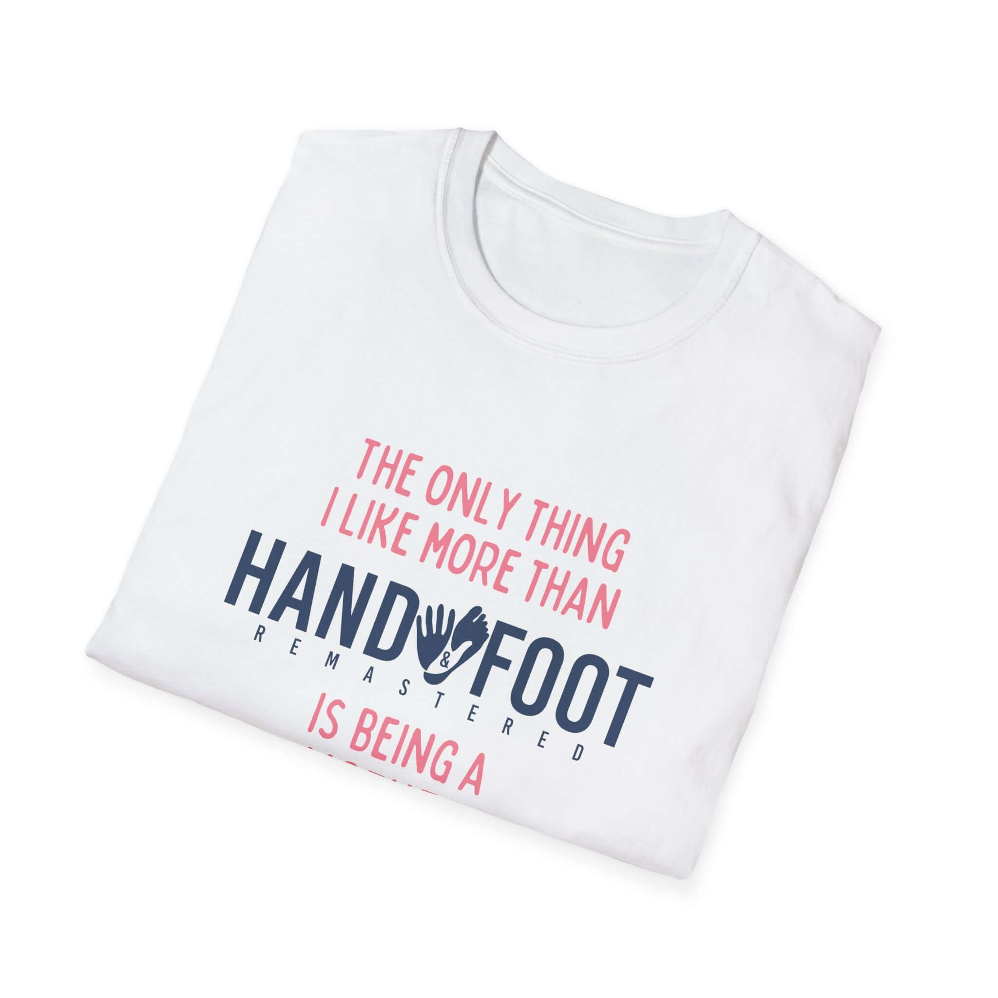 Folded Being a Mother Softstyle T-Shirt with game-themed text print, perfect gift for mothers, 100% ring-spun cotton comfort.