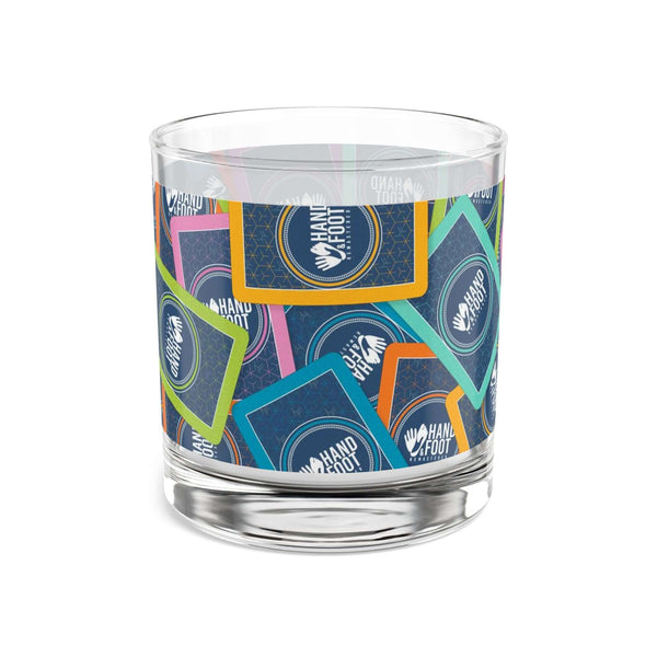 Colorful 10oz Hand & Foot Remastered Rocks Glass with vibrant wraparound prints, perfect for whiskey or cocktails.