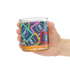 Close-up of a 10oz Hand & Foot Remastered Rocks Glass with vibrant wraparound prints, ideal for whiskey and cocktails.