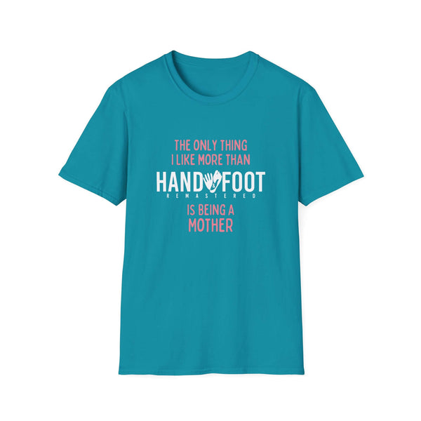 Blue "Being a Mother" Softstyle T-Shirt featuring playful text design, perfect gift for mothers, made from soft 100% ring-spun cotton.