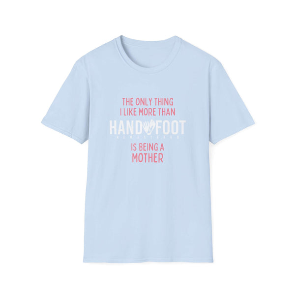 Light blue "Being a Mother" Softstyle T-Shirt featuring pink and white text print, perfect gift for moms, made from 100% ring-spun cotton.