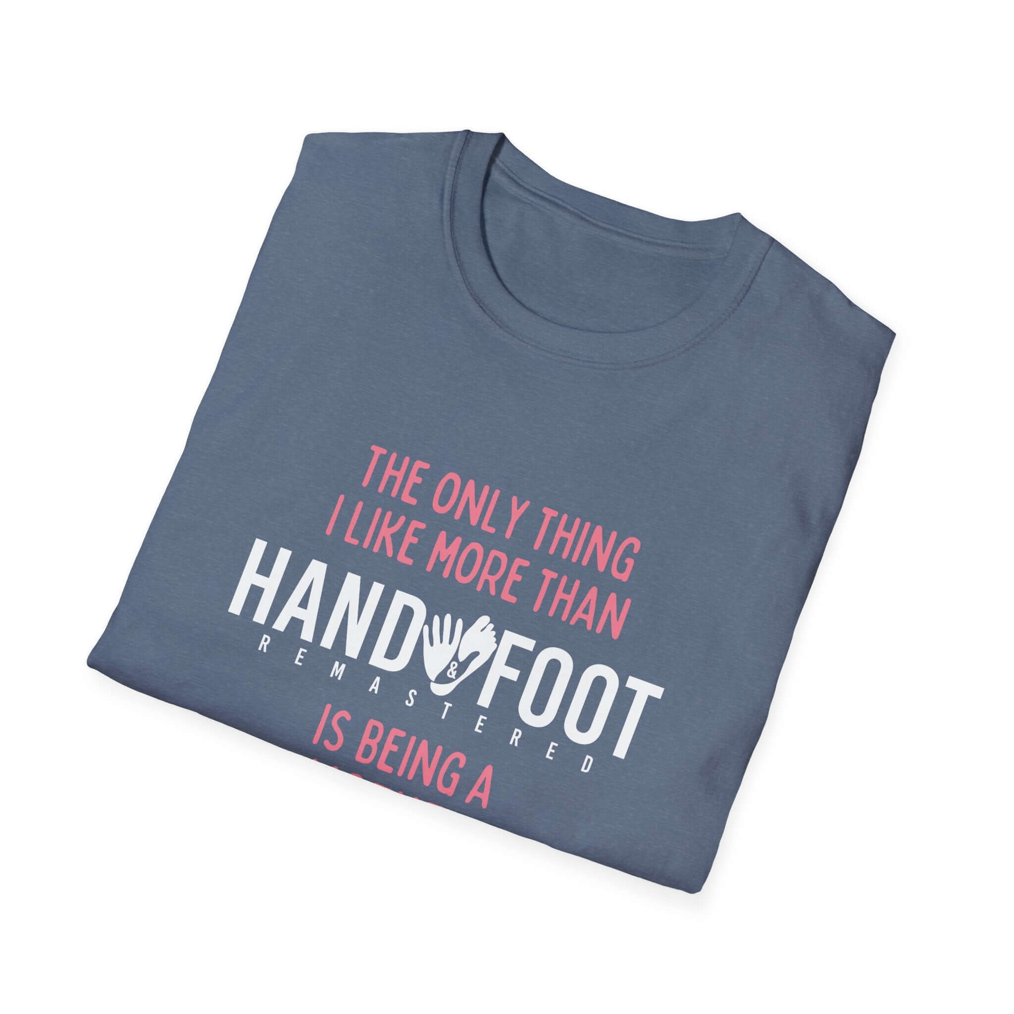 Being a Mother Softstyle T-Shirt in blue with white and pink text, perfect gift for moms, featuring 100% ring-spun cotton.