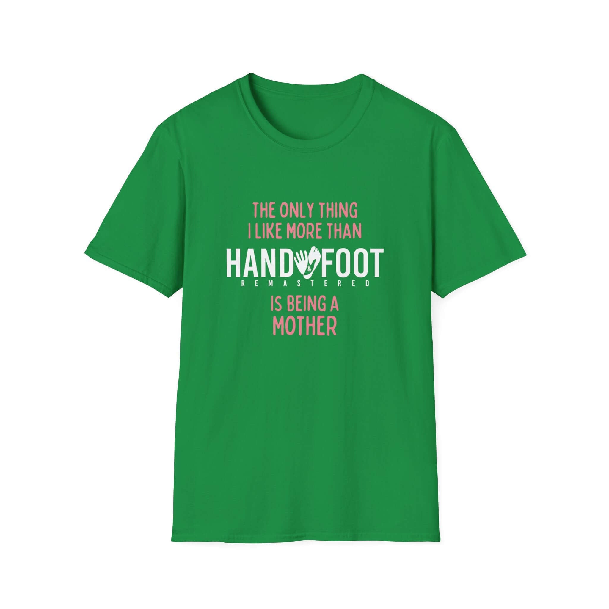 Green Being a Mother Softstyle T-Shirt with white and pink text, ideal gift for mothers, made of 100% ring-spun cotton comfort.