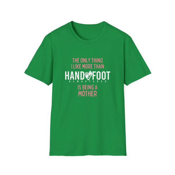 Green Being a Mother Softstyle T-Shirt with white and pink text, ideal gift for mothers, made of 100% ring-spun cotton comfort.
