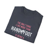 Folded softstyle T-shirt with "Hand & Foot Remastered" text, ideal gift for mothers, made with 100% ring-spun cotton for comfort.