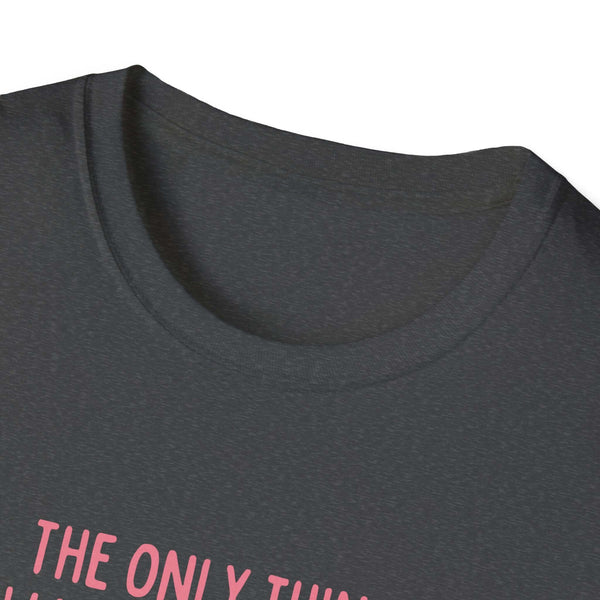 Close-up of the neckline of a black "Being a Mother" softstyle T-shirt, with pink lettering, perfect gift for mothers.