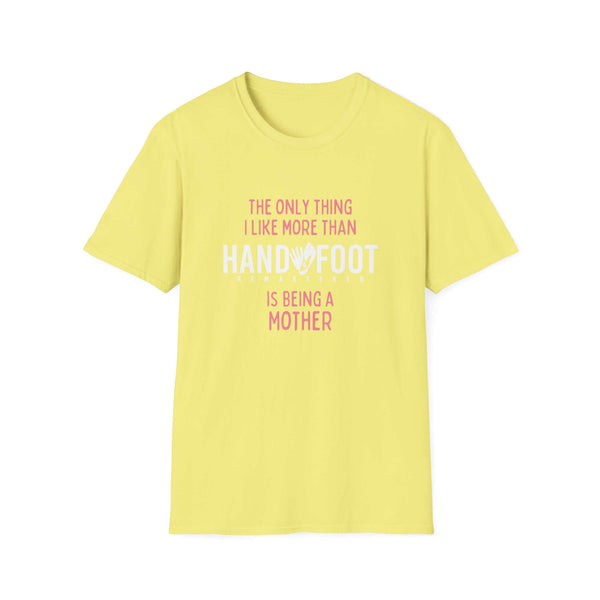 Yellow "Being a Mother" T-shirt featuring hand and foot design, perfect gift for mothers in softstyle ring-spun cotton.