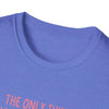 Close-up of blue Being a Mother Softstyle T-Shirt made from 100% ring-spun cotton, perfect gift for mothers, showing elegant neckline.