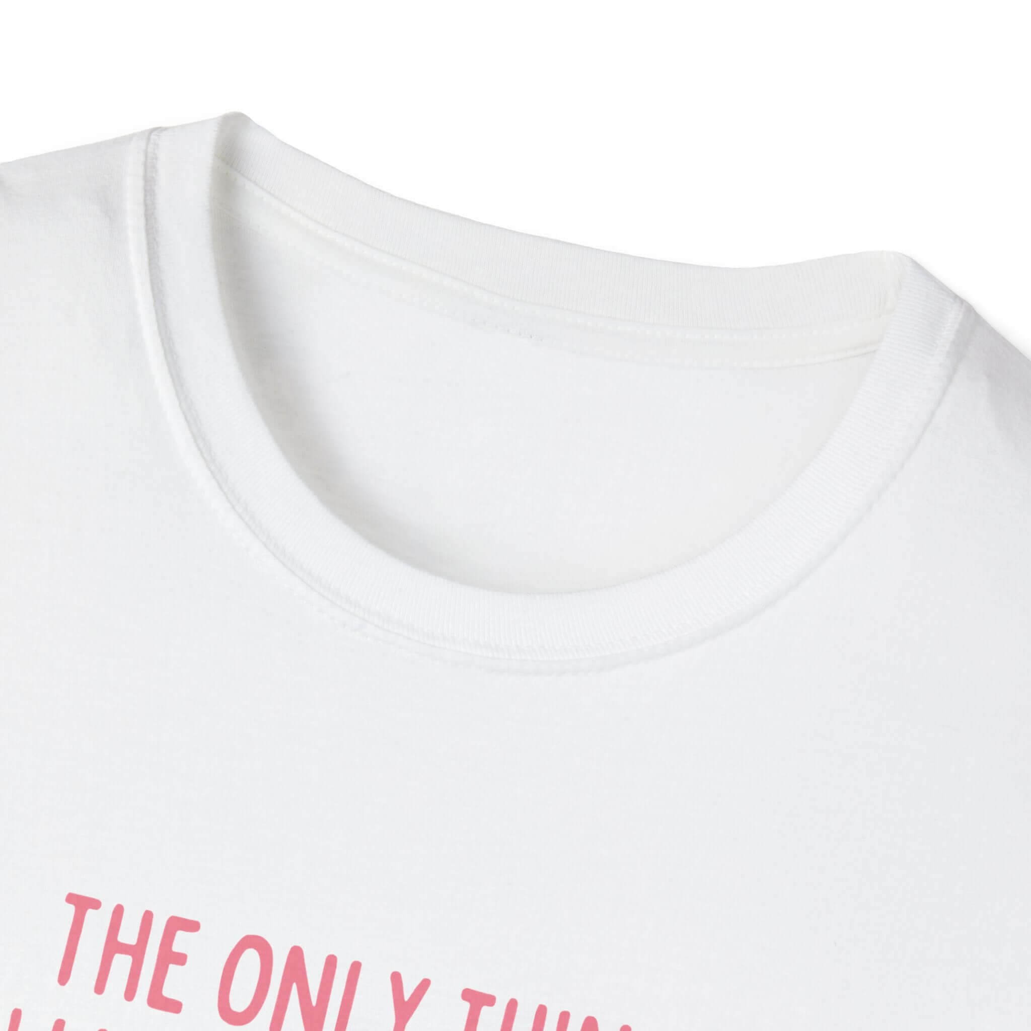 Close-up of white Being a Mother Softstyle T-Shirt with pink text on neckline. Perfect gift for moms. 100% ring-spun cotton.