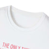 Close-up of white Being a Mother Softstyle T-Shirt with pink text on neckline. Perfect gift for moms. 100% ring-spun cotton.