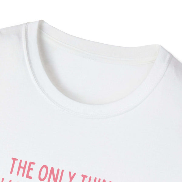 Close-up of white Being a Mother Softstyle T-Shirt with pink text on neckline. Perfect gift for moms. 100% ring-spun cotton.
