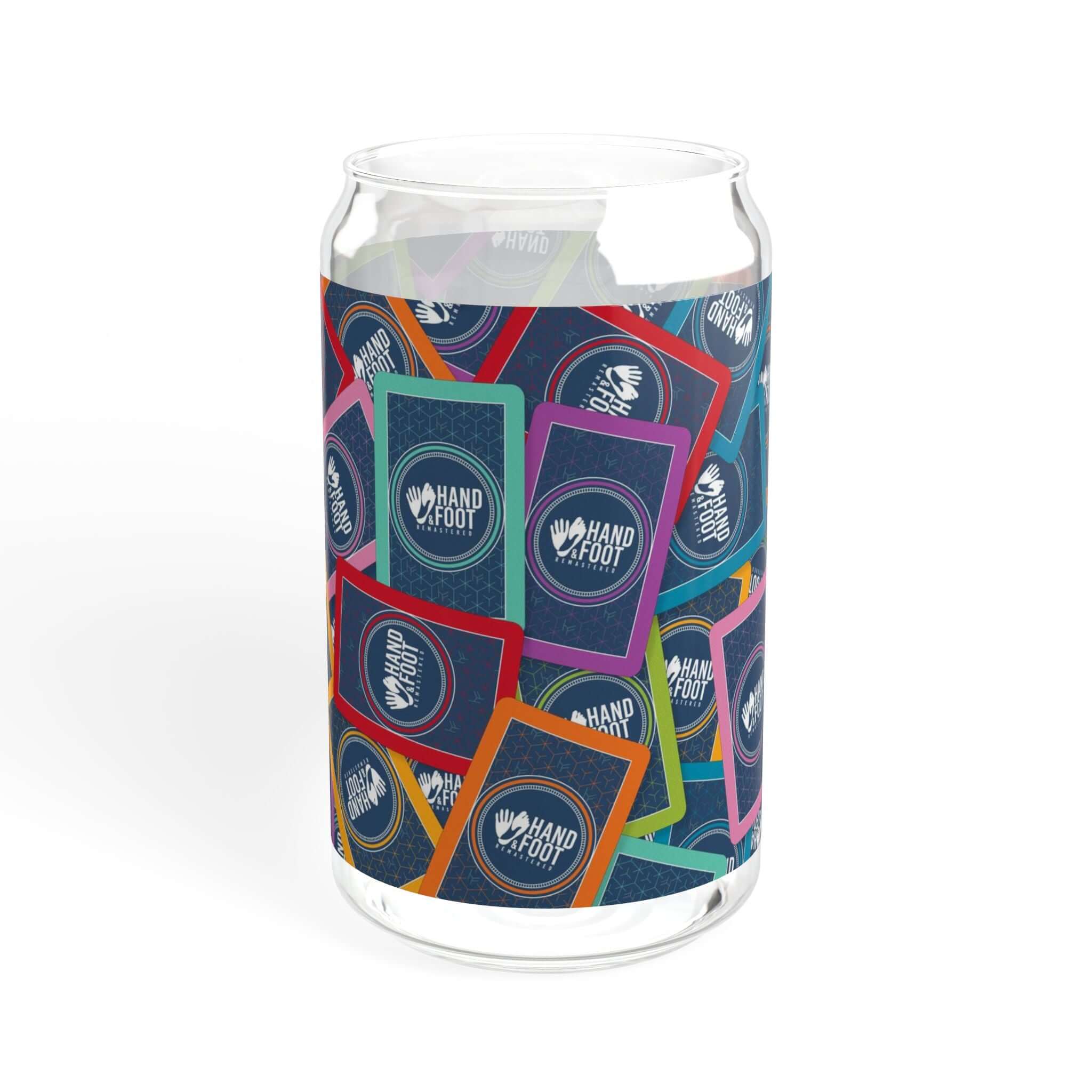 Colorful 16oz Hand & Foot Remastered Sipper Glass with vibrant card design, perfect for stylish beverage enjoyment.