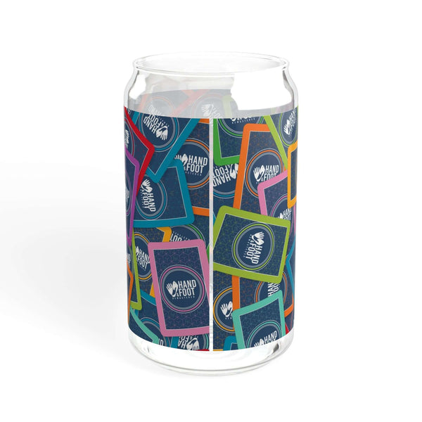 Colorful 16oz Hand & Foot Remastered Sipper Glass with vibrant geometric design, perfect for stylish hydration and dining events.