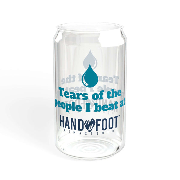 16oz sipper glass with "Tears of the People I Beat" text, featuring a vibrant design ideal for stylish hydration.