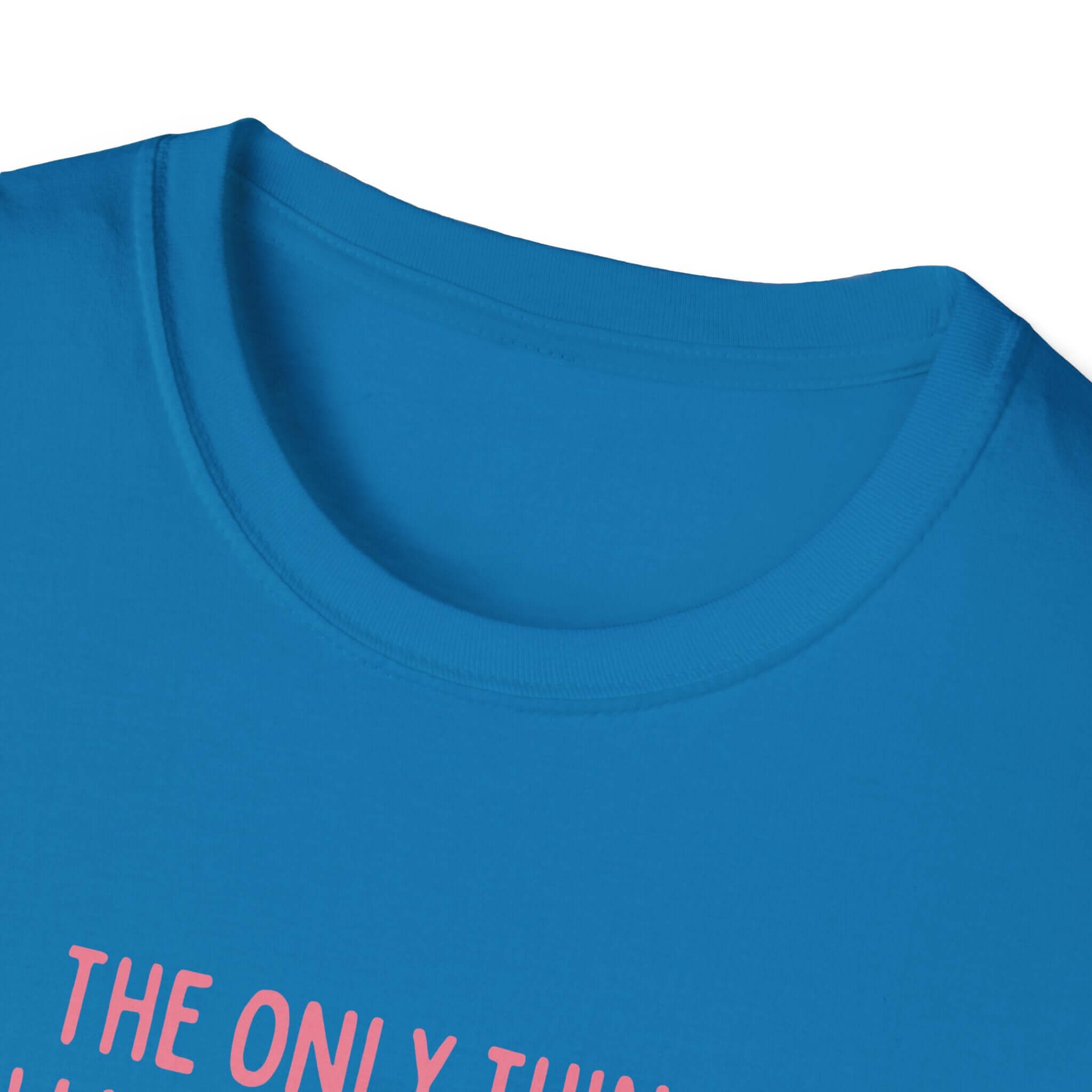 Close-up of blue Softstyle T-Shirt with pink lettering, showcasing the comfort of 100% ring-spun cotton, perfect gift for mothers.