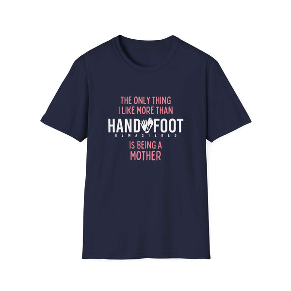 Being a Mother Softstyle T-Shirt in navy with Motherhood and Hand Foot printed design.