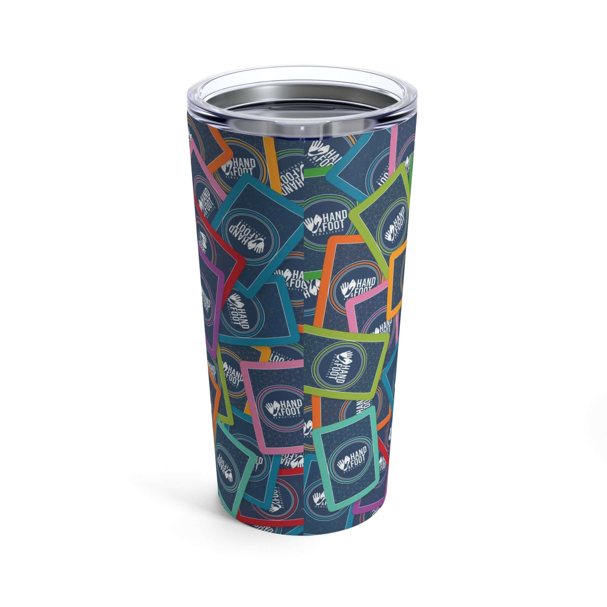 20oz stainless steel Hand & Foot Remastered Tumbler with colorful game-themed design, perfect for game lovers and gifting.