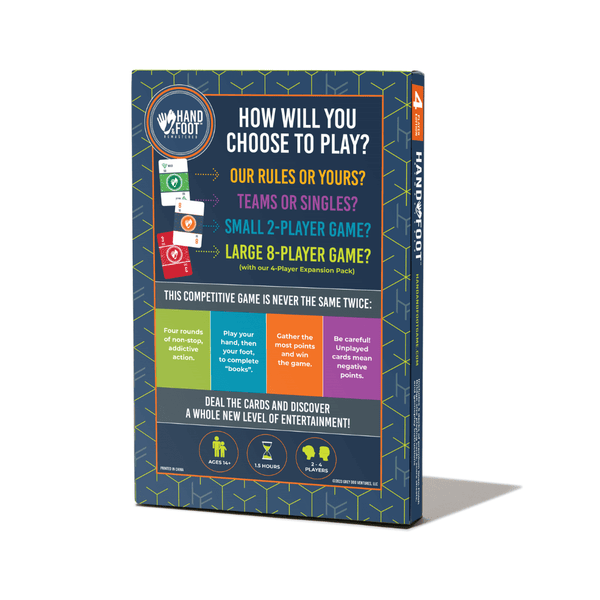 Hand & Foot Remastered Game Set back cover with gameplay rules and player options for 2 to 8 players.